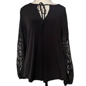 Express Women's Black Blouse with Floral‎ Lace Sleeves Tie Keyhole Detail